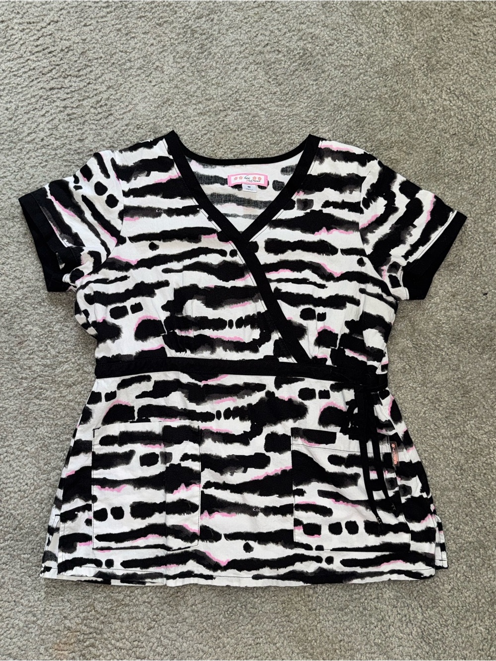 Women’s Wrap-Style Short Sleeve Top in Black & White Zebra with Pink Accents